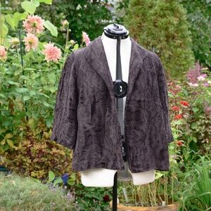 Eileen Fisher Viscose/Ramie Brocade Elbow-lgth slv silk-lined short gray jacket